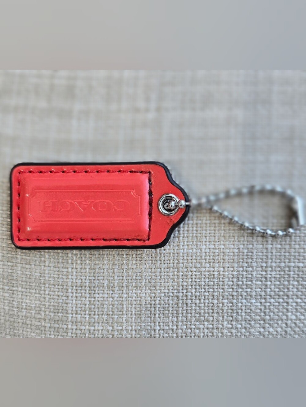 Coach Red Leather Bag Tag Keychain with Silver Ball Chain